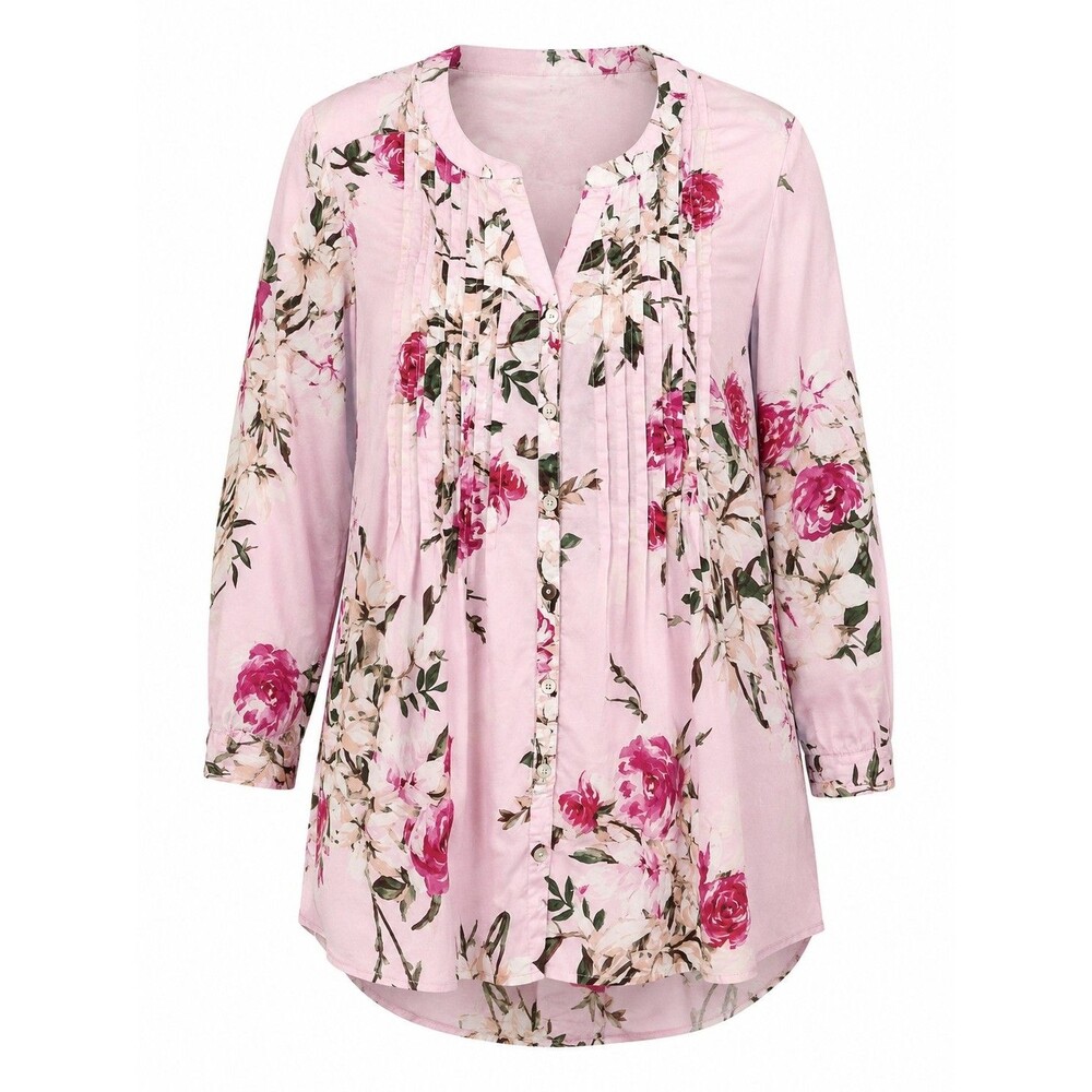 Cottagecore Romantic Floral Pintuck Tunic Pink Long Sleeve Roaman's Women's 18W